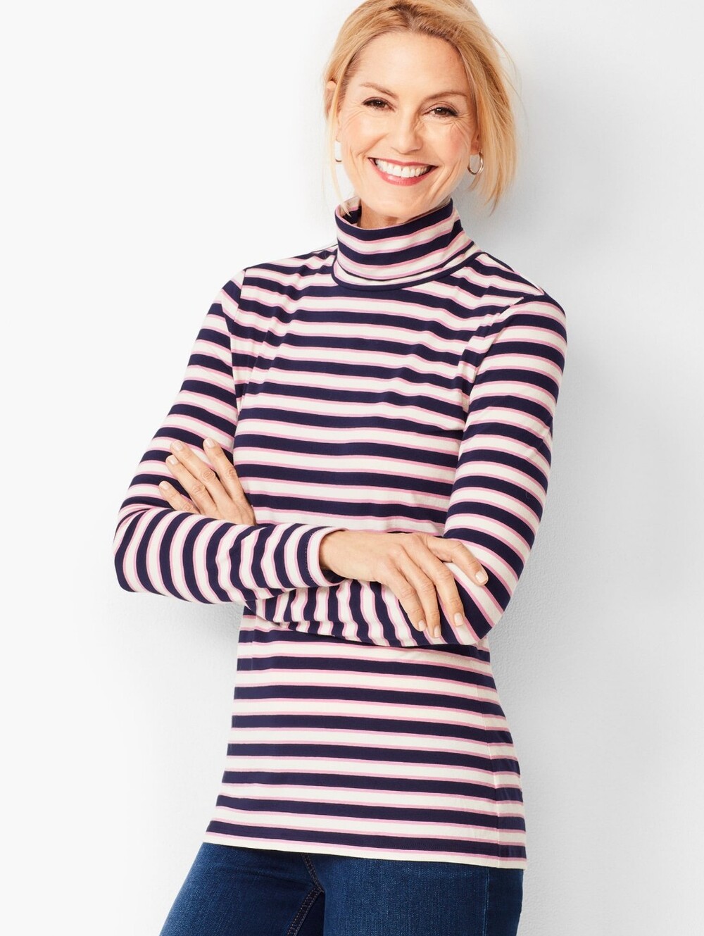 Talbots Navy Pink Striped Turtleneck Long Sleeve Top Shirt Size Large